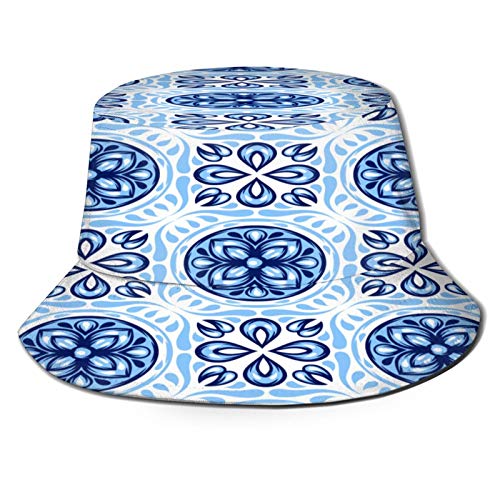PUIO Sombrero de Pesca,Patrón de baldosas de cerámica Italiana Porcelana mediterránea,Senderismo para Hombres y Mujeres al Aire Libre Sombrero de Cubo Sombrero para el Sol
