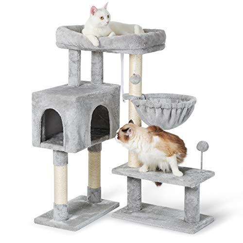 rabbitgoo Rascador para Gatos Grandes 97CM con Base Ajustable, Condominio para Gatos de Varios Niveles, Arbol Rascador para Gatos con Percha Grande y Bolas Felpadas para Gatos Descasar & Rascar, Gris