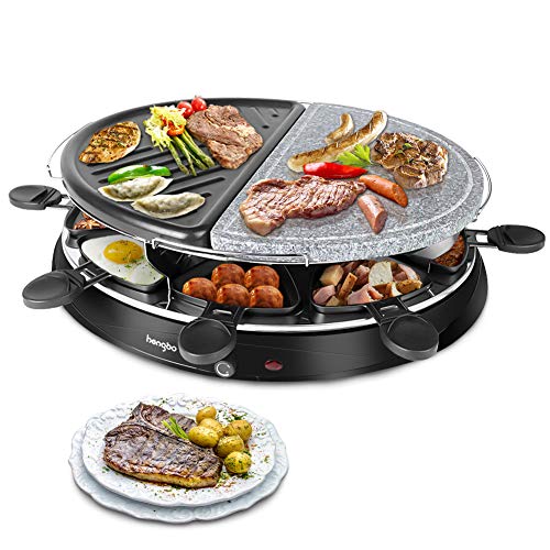 Raclette con Piedra Natural Antiadherente, Mango Térmico Aislado, 8 Sartenes para 8 Personas, 1300W, Negro Raclette con Piedra Natural Antiadherente, Mango Térmico Aislado, 8 Sartenes para 8 Personas, 1300W, Negro