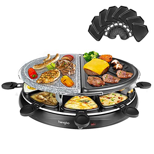 Raclette Grill para 8 personas con piedra natural y placa reversible, Revestimiento Antiadherente Incluye 8 Mini-Sartenes y Espátulas - 1300W, Negro