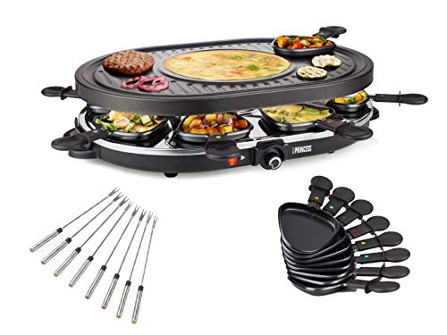Raclette ovalada y parrilla con tenedores Teppan para 8 personas, superficie para crepes integrada, 1200 W, antiadherente.