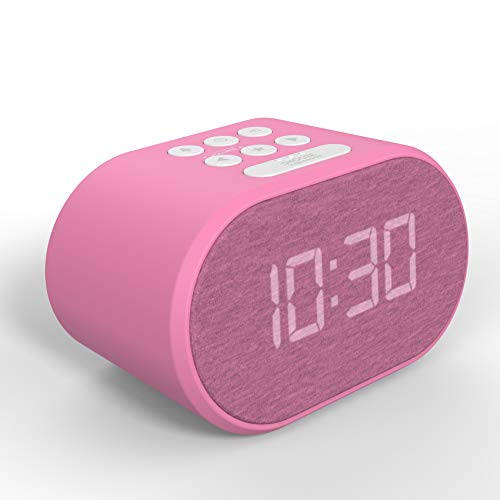 Radio Despertador con Cargador USB y Radio FM, Reloj Despertador Digital ,Pantalla con Iluminación Regulable en 5 Pasos, Alimentación de Red con Batería de Refuerzo (Rosa)