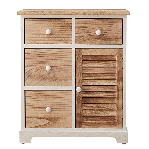 Rebecca Mobili Mueble Cómoda Blanca Marrón Claro 4 Cajones 1 Puerta Madera Design Natural Decoración Hogar Salón Baño - Medidas: 70x60x30 cm (AxANxFON) - Art. RE6068