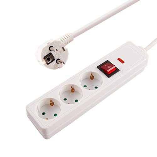 Regleta de 3 enchufes con interruptor, cable de 2 m, IP20, 3 x 1,5 ², 16 A, 3680 W, color blanco