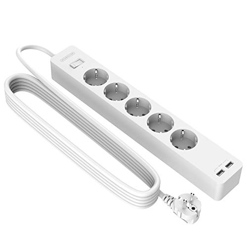 Regletas Enchufes con 3 Metros, NTONPOWER Regleta de Enchufes para Montaje en Pared, Regleta de 5 Tomas y 2 Puertos USB, Regleta de Enchufes con Protección contra Sobrevoltaje, Blanco