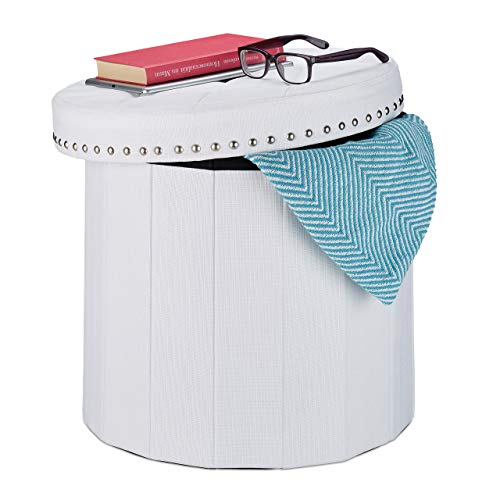Relaxdays Puff Almacenaje, Taburete Plegable, Redondo, Acolchado, Asiento, DM-Tela-Gomaespuma, 1 Ud, 43 x 46 cm, Blanco Relaxdays Puff Almacenaje, Taburete Plegable, Redondo, Acolchado, Asiento, DM-Tela-Gomaespuma, 1 Ud, 43 x 46 cm, Blanco