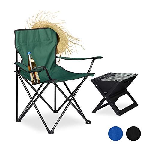Relaxdays, Verde Silla Camping Plegable Acolchada con Reposabrazos, Soporte para Bebidas y Bolsa de Transporte, Acero y Poliéster