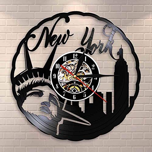 Reloj de pared grande Silencioso Sin tictac Skyline de Nueva York Reloj de pared con registro de vinilo vintage Estatua de la libertad de Nueva York Arte de la pared Regalo de viaje de América Dis