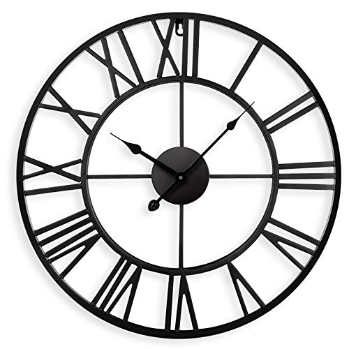 Reloj de pared silencioso europeo de 40 cm Números romanos vintage Sin tictac Reloj redondo de esqueleto de arte de hierro Aplicar a la cocina Sala de estar Chimenea Decoración del dormitorio (Black)