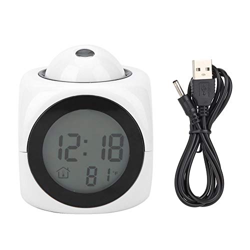 Reloj despertador con proyector LED moderno, mini pantalla digital de temperatura multifunción, reloj de proyección parlante de voz Decoración para el hogar con conmutación(Blanco con cable USB)