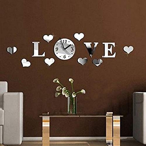 Relojes de pared DIY 3D Home Modern Love Reloj de pared Decoración Espejo Sala de estar