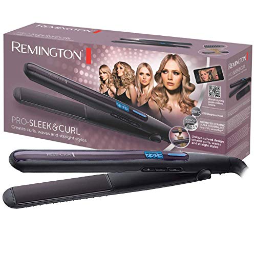 Remington S6505 Pro Sleek & Curl - Plancha de Pelo, Cerámica Avanzada, Digital, Rizador y Alisador, Negro y Morado