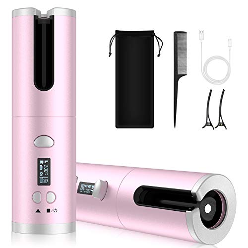 Rizador de Pelo Automatico - FASHSMILE Rizador Pelo Rotación automática USB recargable Pantalla LCD y 6 Ajuste de temperatura, Tenacillas de Pelo Profesional para Cabello, Viajes y Uso Doméstico