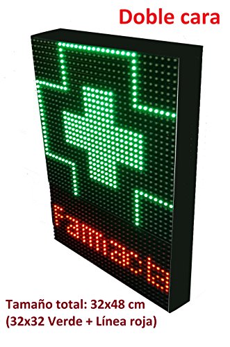 Rótulo LED programable para farmacias (32x48 cm (32x32 Verde + línea roja) Doble Cara) Reloj y Temperatura / Pantalla LED electrónica con Cruz Verde / Letrero Farmacia