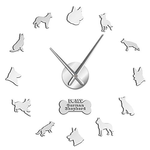 rrff Pastor alemán DIY Reloj de Pared Deutscher Schferhund Reloj de Pared Gigante con Grandes Agujas Efecto de Espejo Alsaciano Lobo Perro Arte de Pared-Silver_47_ Pulgada