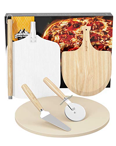 SHINESTAR Piedra redonda para pizza de 40 cm, de cordierita, para horno y parrilla, incluye pala de madera, pala de aluminio para pizza y pala para hornear pizzas y pan