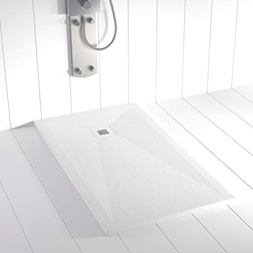 Shower Online Plato de ducha Resina PLES - 70x80 - Textura Pizarra - Antideslizante - Todas las medidas disponibles - Incluye Rejilla Inox y Sifón - Blanco RAL 9003