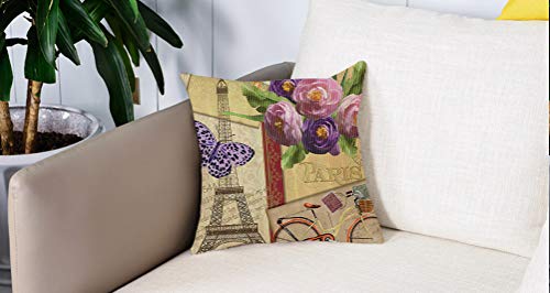 Square Soft and Cozy Pillow Covers,París, hito francés Postales de la Torre Eiffel con impresión de fondo abstracto a rayas, naran,Funda para Decorar Sofá Dormitorio Decoración Funda de almohada.