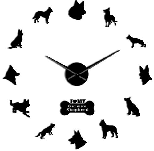 sufengshop Pastor alemán DIY Reloj de Pared Deutscher Schferhund Reloj de Pared Gigante con Grandes Agujas Efecto de Espejo Alsaciano Lobo Perro Arte de Pared 37 Pulgadas-Negro