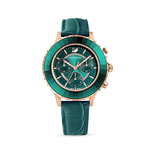 Swarovski Women's Octea Lux Chronograph Quartz Watch, Chic Green Leather Strap with Rose-Gold Tone Plated Stainless Steel Case