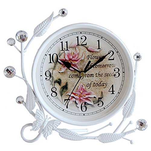 S.W.H Estilo de jardín Blanco Mariposa Silenciosa Diamante Reloj de Hierro Arte para el Dormitorio/Decoración de la Sala de Estar (Lirio Rosa)