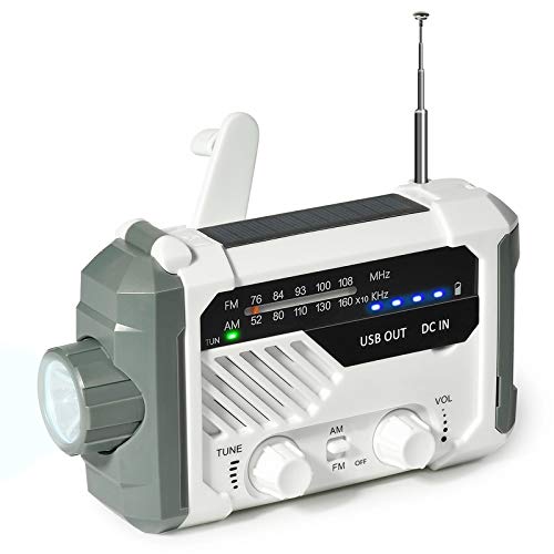 SYXZ Radio de Emergencia Am FM, Radio Solar de manivela con Linterna LED, lámpara de Escritorio, Cargador de 2000 mAh, Alerta SOS,Blanco