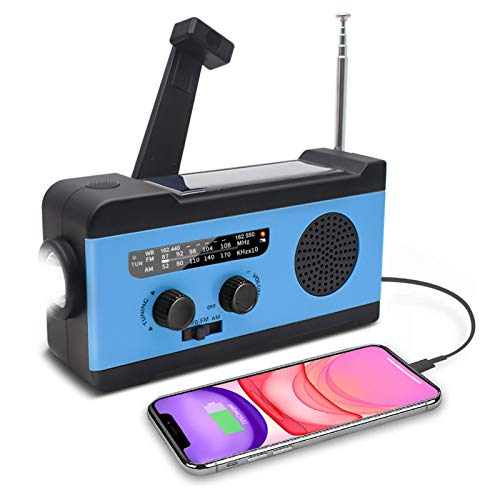 SYXZ Radio de manivela Solar, Radio de Emergencia meteorológica Am/FM/WB con Linterna LED, batería de 2000 mAh para Cargador de teléfono,Azul