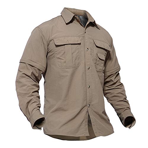 TACVASEN Táctico Militar Hombres Excursionismo Secado rápido Protección UV Manga Convertible Camisa Caqui