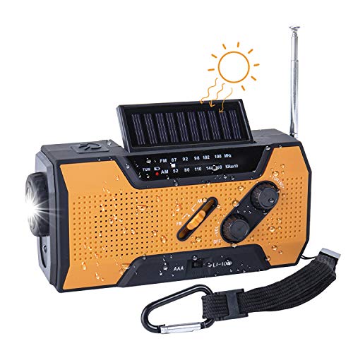 TKOOFN Radio de Emergencia Manivela FM Am, Generacion Solar Portátil Multifunción Al Aire Libre Novedad Radio con 2000mAh como Power Bank/Lámpara de Lectura de 4 Leds/Linterna LED/Alarma SOS