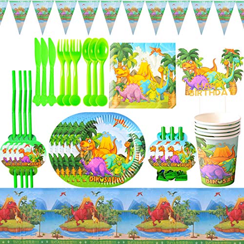 Vajilla de Dinosaurio Desechable - XCSW Set de 95 Piezas de Fiesta Diseño de Dinosaurio, Incluye Pancarta, Platos,Vasos, Cubiertos, Servilletas,Mantel, 10 Personas