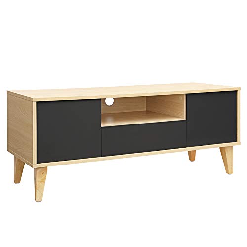 VASAGLE Mesa para TV Moderna, Mueble para TV con Cajón, 2 Puertas y Estante Abierto, Patas de Madera Maciza, 110 x 40 x 45 cm, Madera Natural y Color Gris LTV29NG