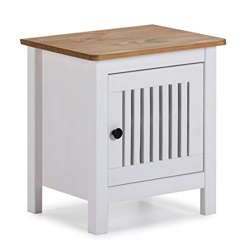 VS Venta-stock Mesita de Noche Bahía 1 Puerta, Color Blanco, Madera de Pino Macizo, 45 cm (Largo) 35 cm (Profundo) 50 cm (Alto)