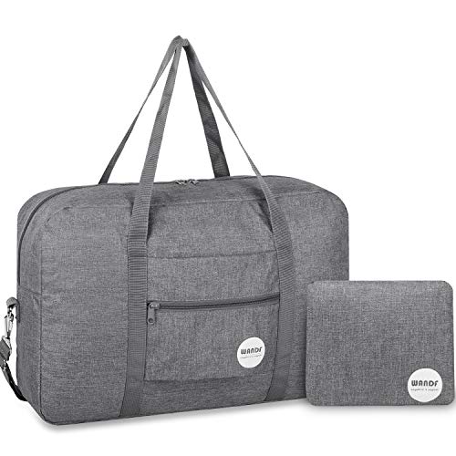 WANDF Foldable Travel Duffel Bag Super Lightweight for Luggage, Sports Gear or Gym Duffle, Water Resistant Nylon (F-Gris Claro con Correa de Hombro)