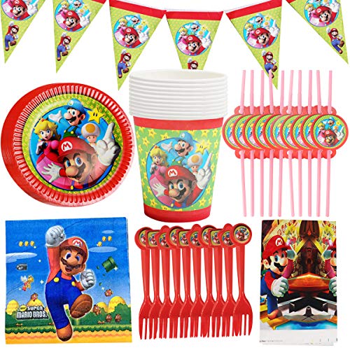 WENTS Vajilla Diseño de Super Mario Desechable Accesorio de Decoración de Fiesta de Cumpleaños Apoyo para Celebración Pancarta Platos Vasos Servilletas y Mantel Resistente, 62pcs