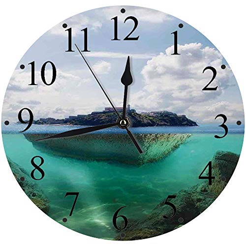 Yaoni Silencioso Wall Clock Decoración de hogar de Reloj de Redondo,Decoración de la Isla del océano, Roca Flotante y Faro en Crystal Clear Atlantic Water Mist,para Hogar, Sala de Estar, el Aula