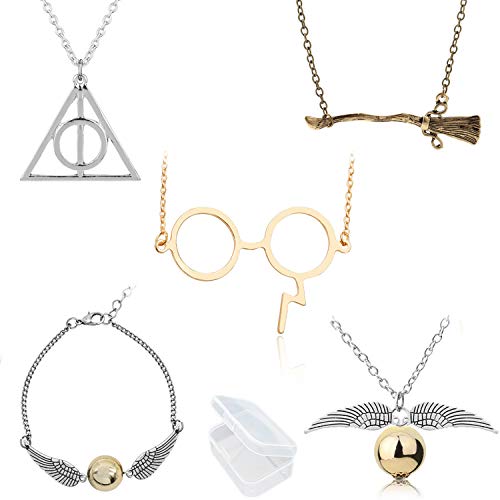 YouU 5 pz Conjunto de Collar de Reliquias de la Muerte Collar y Pulseras de Snitch Dorada, Gafas y Collar de Escoba para Fanáticos de Colección de Regalos Cosplay YouU 5 pz Conjunto de Collar de Reliquias de la Muerte Collar y Pulseras de Snitch Dorada, Gafas y Collar de Escoba para Fanáticos de Colección de Regalos Cosplay