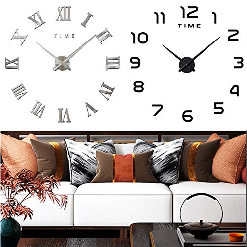 Yueser 2 Piezas Reloj de Pared 3D Grande Moderno DIY Reloj de Etiqueta de Pared para Decorar La Oficina o Casa (Negro,Plata)