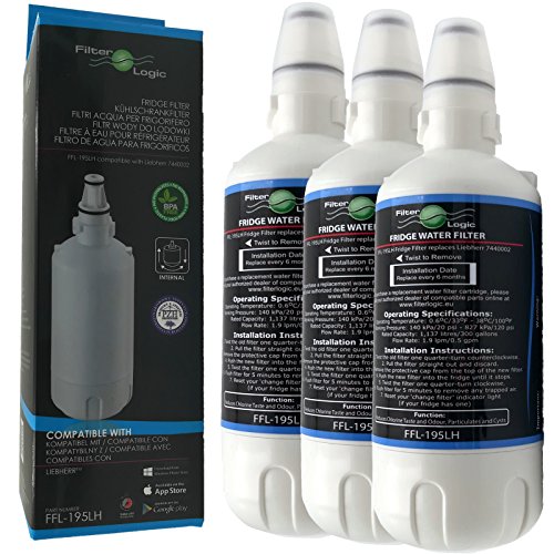3x FilterLogic FFL-195LH Filtro de agua compatible con cartucho Liebherr 7440000, 7440002, 7731240-0210 para frigorífico americano de 4 puertas - nevera Side-by Side