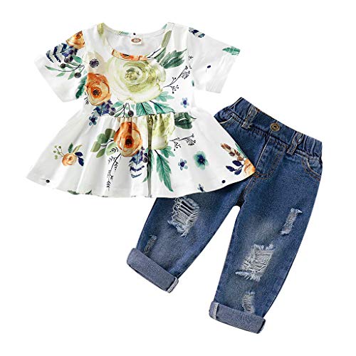 6 Meses-3 años Chica Bebé Camiseta Floral Hole Denim Jeans 2Pcs Set Niños Niñas Blusa de Verano Pantalones de Mezclilla Conjuntos Conjuntos de Ropa para niñas pequeñas (18-24 Meses, C)
