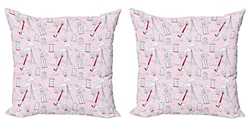 ABAKUHAUS París Set de 2 Fundas para Cojín, Violín Eiffel Pajarita del Gato, con Estampado en Ambos Lados con Cremallera, 60 cm x 60 cm, Pálida Rosa Escarlata Blanca