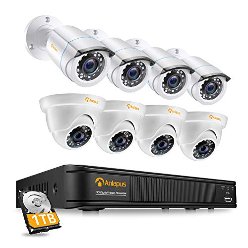 Anlapus 1080P CCTV Kit Sistema de Vigilancia 8CH H.265+ Grabador DVR con 8 Cámara de Seguridad (4) Domo y (4) Bullet, 1TB Disco Duro, Visión Nocturna, Detección de Movimiento, P2P