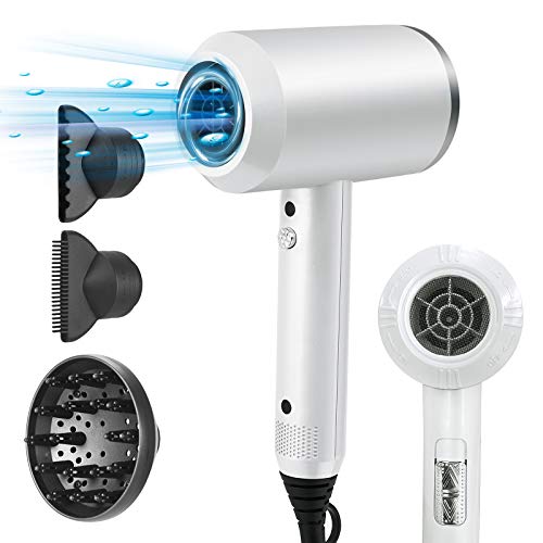 Anself Secador de Pelo Ionico, Secador Pelo Profesional con 3 Velocidades Ajustable Viento Caliente/Frío con 3 Boquillas，Difusores, 2000W 110-240V Blanco