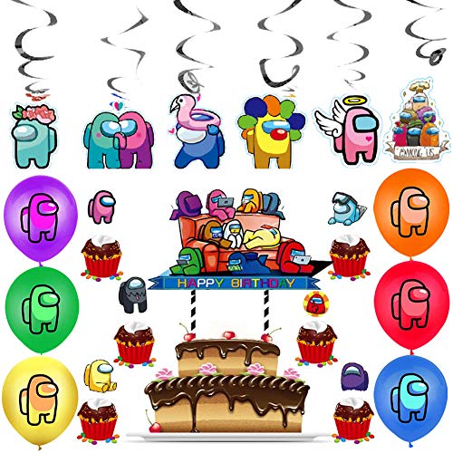 BAIBEI 43Pcs Birthday Party Decoration Set, Cake Topper, Cupcake Toppers, Hanging Swirl Decorations, Balloons for Party Decorations, Among Us Birthday Party Decoration Set