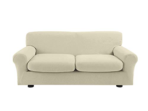 Banzaii Funda Sofa Elastica con Funda Asiento Antimanchas – Cubre Sofa con Cojin – Protector Sofa con Asiento Separado - Poliéster Sofá 2 plazas y 2 Cojínes de Asiento 110-150 cm Crema