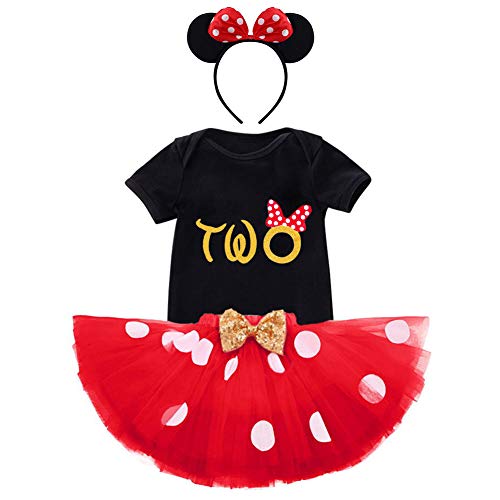 Bebé Niña Mi Segundo cumpleaños 3pcs Conjuntos Vestido de Fiesta de Princesa Manga Corta Mameluco + Lunares Falda + Oído Diadema Ropa Conjunto Negro #Two 2 años