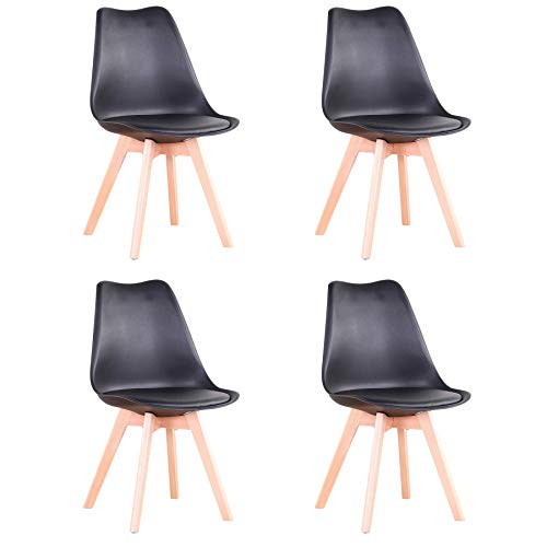 BenyLed Juego de 4 Sillas de Comedor Modernas con Asiento Tapizado y Patas de Madera de Haya Ideales para Comedor, Cocina, Sala de Estar, Dormitorio (Negro)