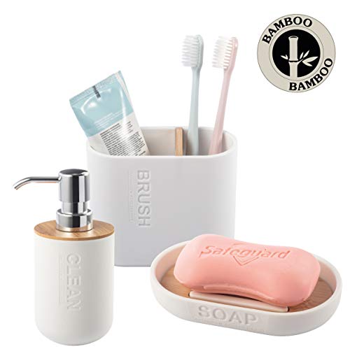 BERELA HOME – Conjunto de Accesorios para Baño de Bambú, Juego para Baño Bambú, Set de Baño 3 Piezas Plástico y Bambú Color Blanco.