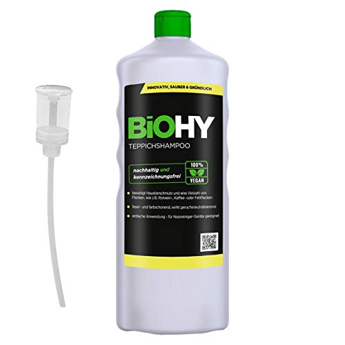 BiOHY Alfombra - Champú (1 botella de 1 litro) + Dosificador | Limpiador de alfombras ideal para eliminar manchas difíciles | ESPECIAL DESARROLLADO PARA LAVAR LIMPIADORES DE VACÍO (Teppichshampoo)