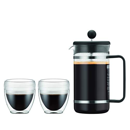 Bodum K1508-01SA-10 Bistro Set de 2 vasos PAVINA Outdoor 0.25 L + Cafetera de Pistón de plástico 8 tazas, 1 litro, negro