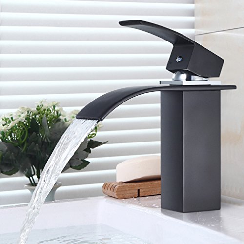 BONADE Grifo Lavabo Cascada Negro Grifo de Baño Monomando Grifo Lavabo Cascada Mezclador Agua Fría y Caliente Grifería de Lavabo de Latón